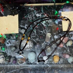 Clear Quartz Stone Pendant Necklace With Black And Gold Braided Cord